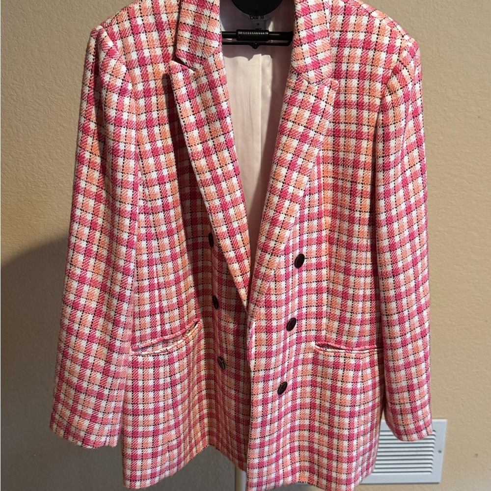 Bar III Pink & White Plaid Double-Breasted Tweed Blazer